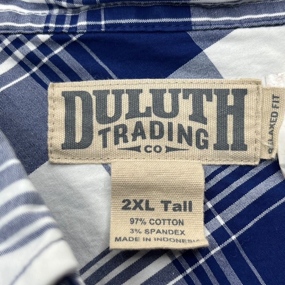 Duluth Trading Co Shirt Mens 2XL Tall Blue White Plaid Cotton Blend Relaxed Fit - Picture 5 of 12